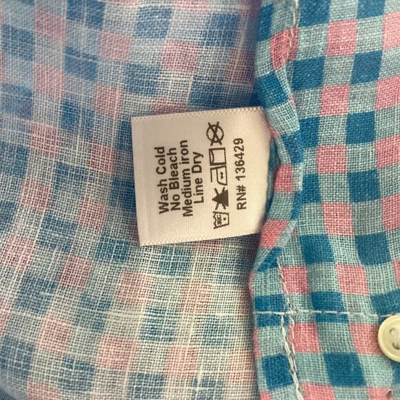 michael's Men's 100% Linen Shirt Made in USA size L pink blue check prints - Picture 10 of 11